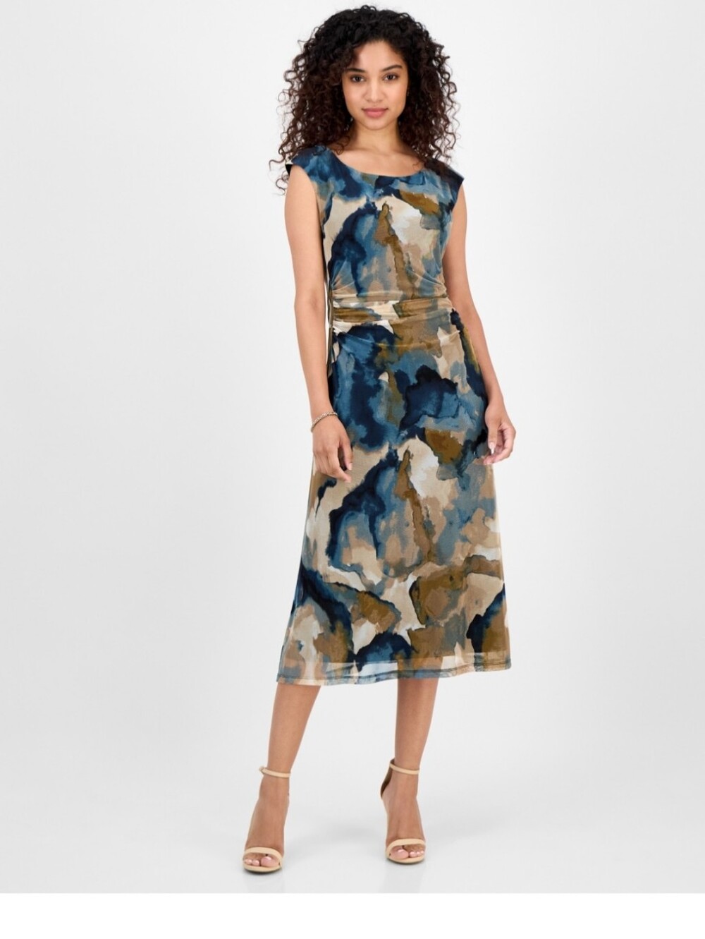 Connected Apparel NWT 8P Abstract Chiffon Mesh Midi Dress Blue Tan Sleeveless